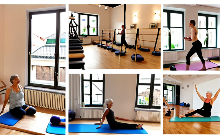 **Image Prompt:** A collage showcasing authentic testimonials about a Pilates studio. Include snippets of text in German, such as "Rückenprobleme fast weg," alongside before-and-after photos (blurred for privacy) and happy, active people of various ages and body types participating in Pilates exercises. Emphasize a welcoming studio atmosphere with natural light. Use the hashtag #PilatesTransformation.