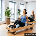 필라테스 강사 이직 준비 - A professional Pilates instructor in a modern German Pilates studio, wearing stylish but modest work...