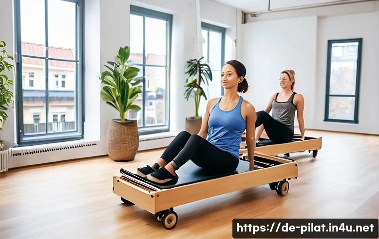 필라테스 강사 이직 준비 - A professional Pilates instructor in a modern German Pilates studio, wearing stylish but modest work...