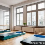 필라테스 강사 자격증 비용 - A bright and modern Pilates studio in Berlin with diverse adult students practicing Pilates exercise...
