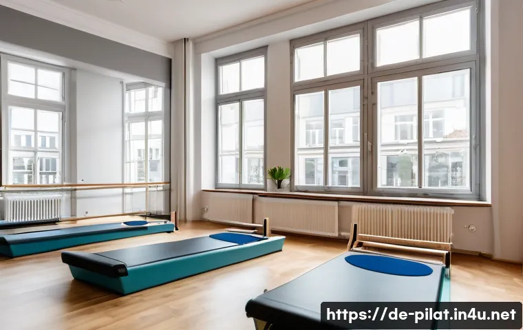 필라테스 강사 자격증 비용 - A bright and modern Pilates studio in Berlin with diverse adult students practicing Pilates exercise...